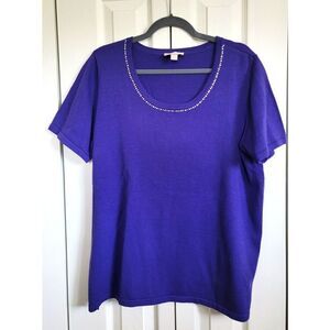 Quaker Factory L Purple Sweater‎ Lightweight Clear Sequins Large T-Shirt Style